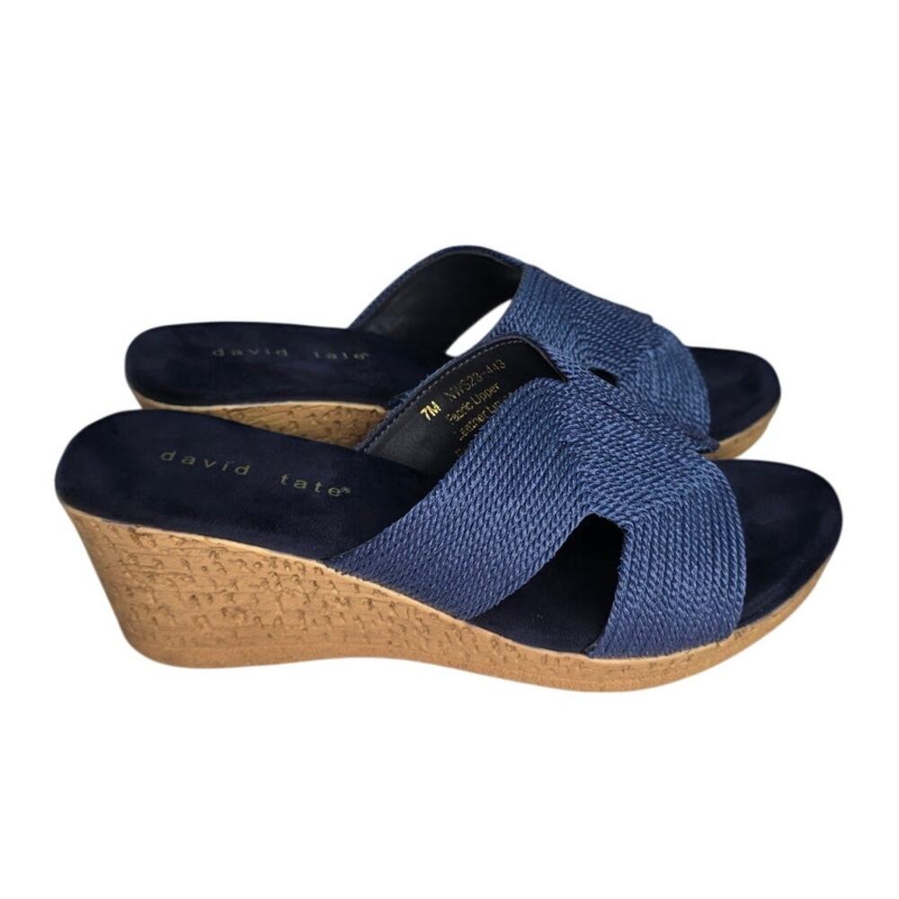 David Tate Navy Fabric Wedge Slide Sandals 7M Comfort Cushioned Resort Casual